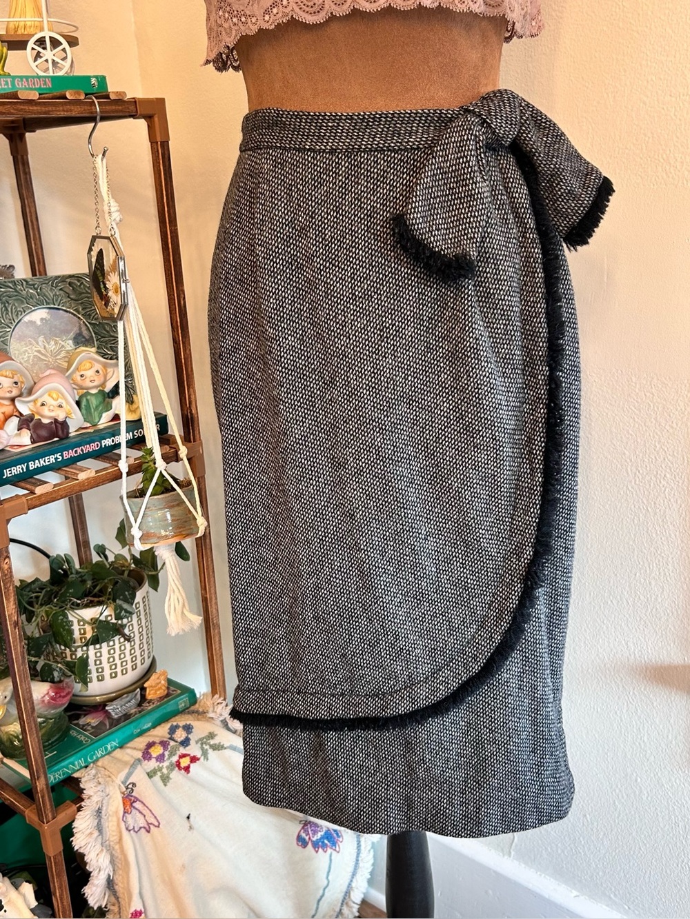 Grey Tweed Faux Wrap Pencil Skirt w Black Fringe & Bow by Alice of California